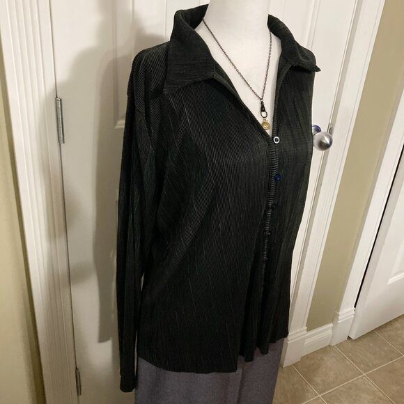 CYRUS Black ribbed button-front shirt corporate goth blouse MEDIUM LARGE XL top - Picture 5 of 14